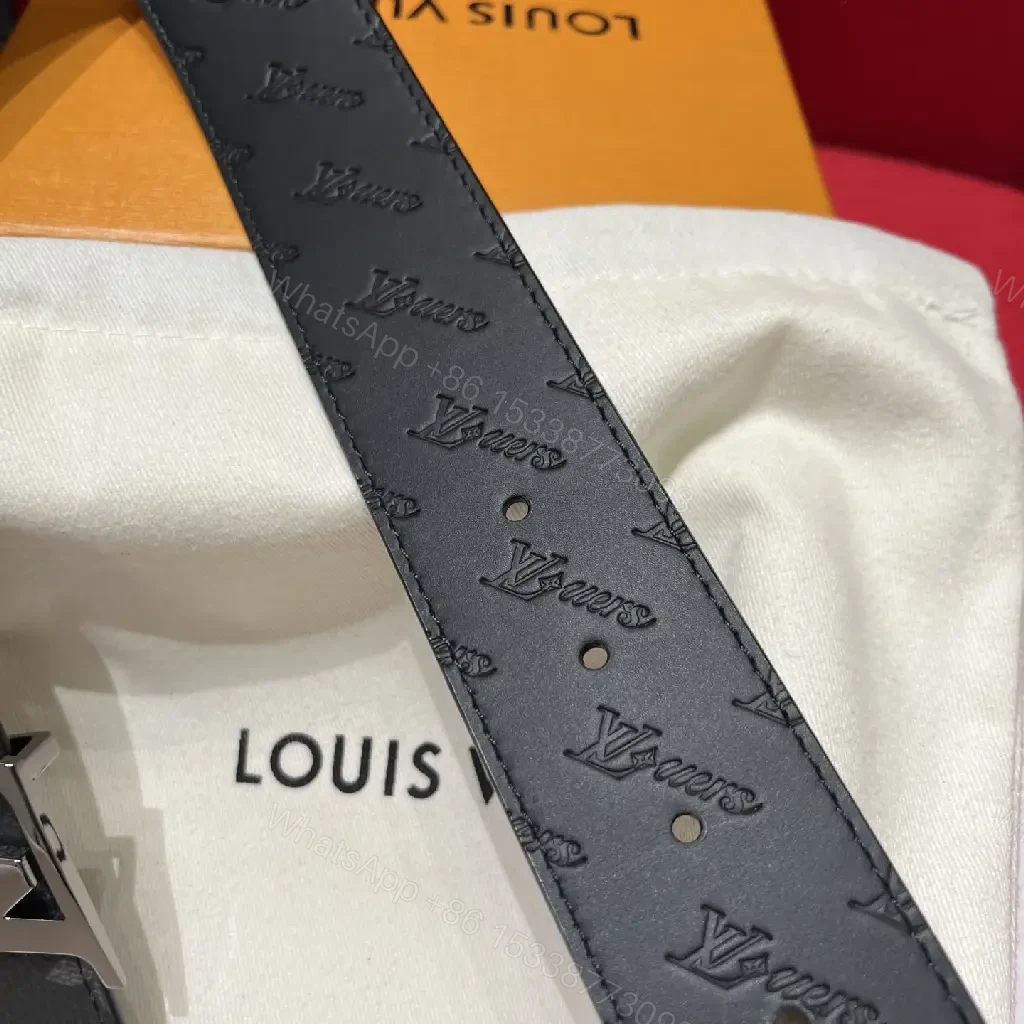 View 9 of Black Leather Belt, Embossed LV Motifs, Polished YSL-Style Buckle