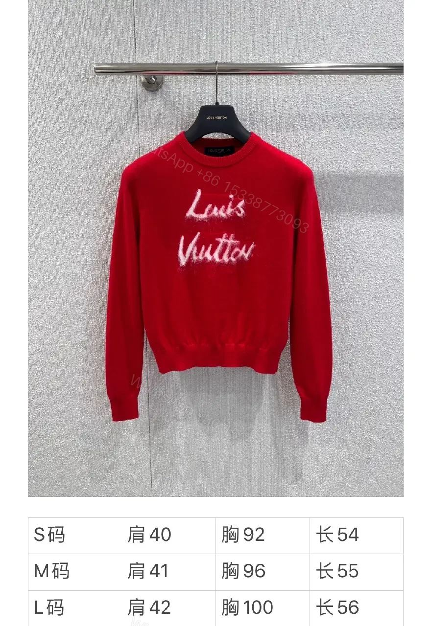 View 3 of Red Knit Crewneck with White Script Sweater Edge