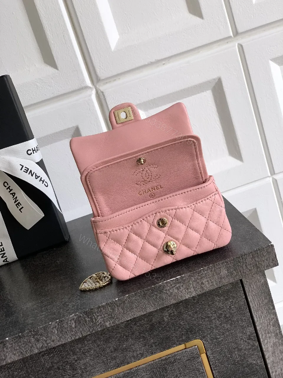 View 4 of Pink Quilted Mini Shoulder Bag - Gold Chain, Heart Charm, Lux Leather