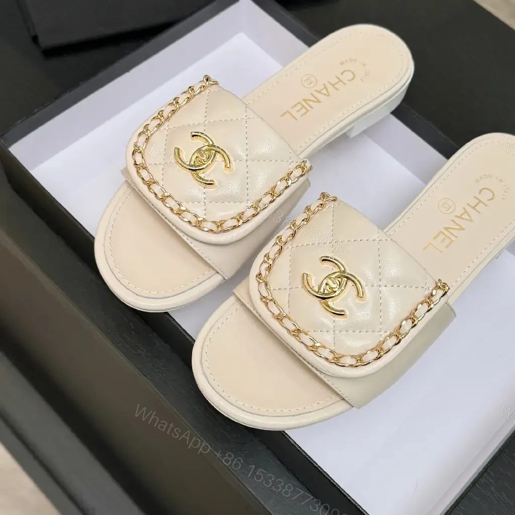 View 5 of Quilted Leather Slides + Gold Emblem + Luxury Casual Slip-ons