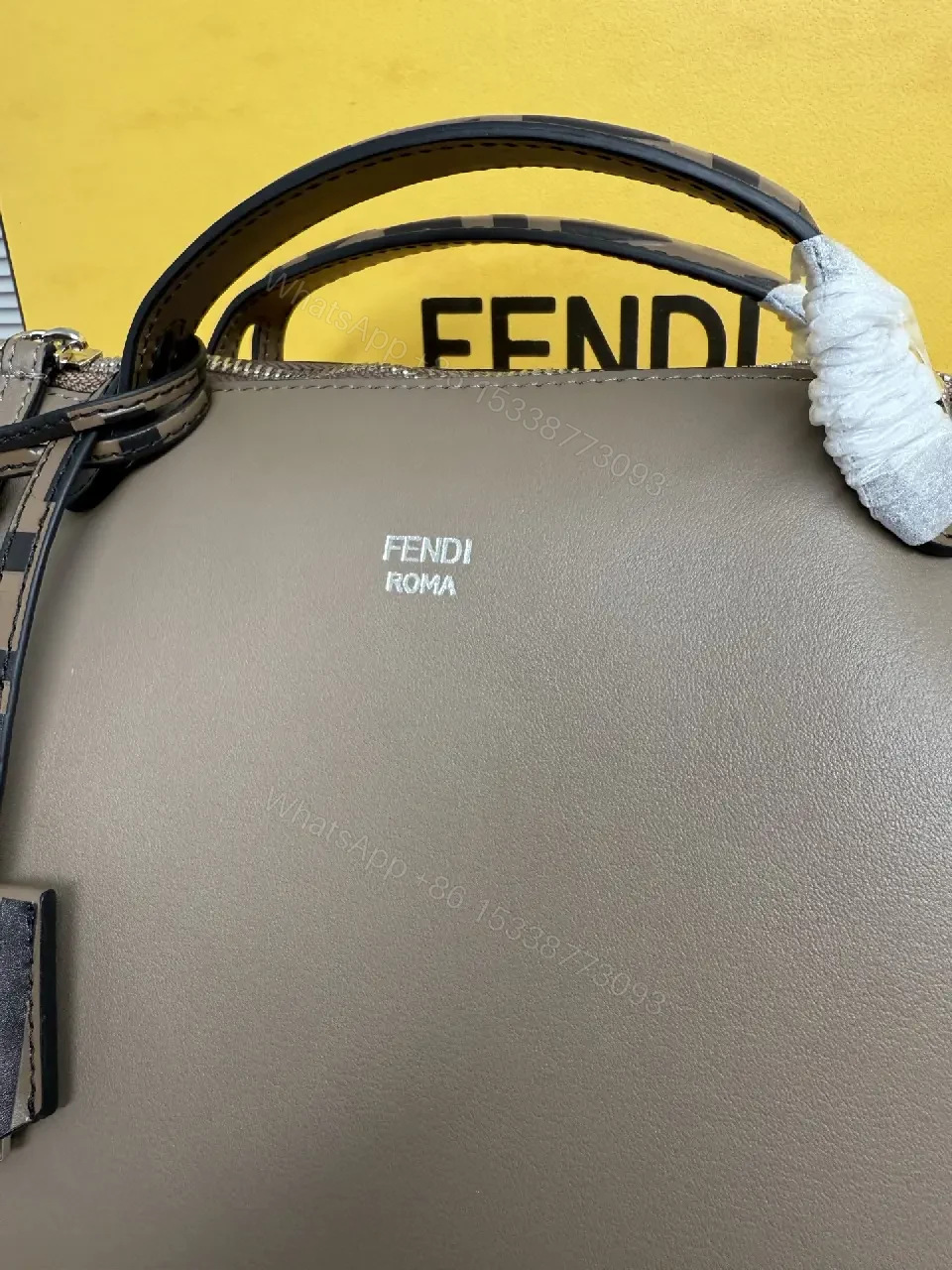 View 6 of Taupe-Gray Leather Handbag: Structured, Fendi Roma Logo Details
