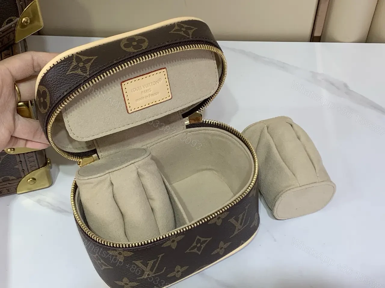 View 9 of Dark Brown/Black LV-Style Vanity Case with Gold Hardware
