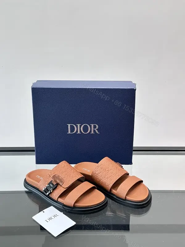 Brown Leather Sandals Dior Embossed Classic Slide Buckle Strap Sandals — view 1