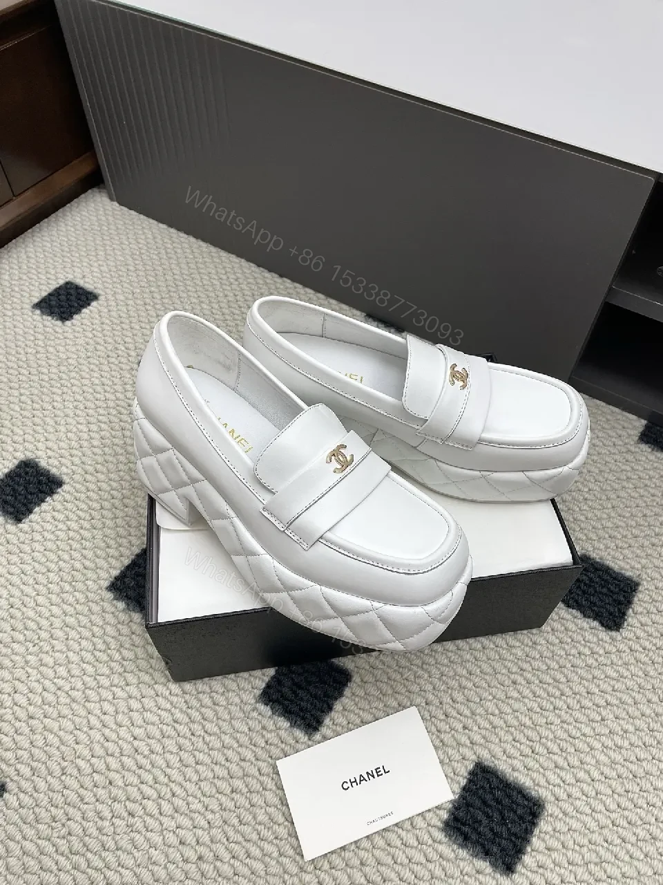 View 8 of White Leather Loafers: Gold Logo, Elevated Comfort