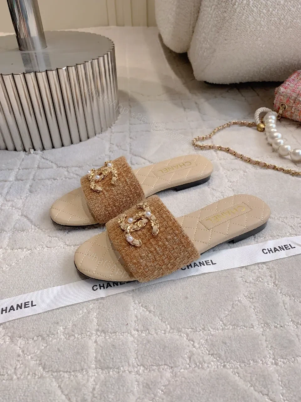 View 9 of Quilted Slides with Crystal Emblem - Luxe Everyday Comfort