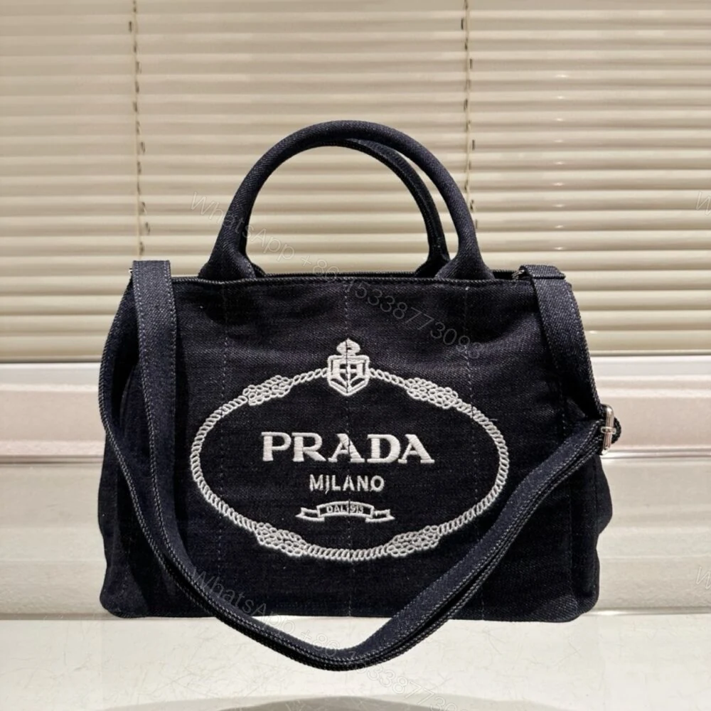 View 2 of Prada Logo Printed Denim Tote Bag Black 26Cm
