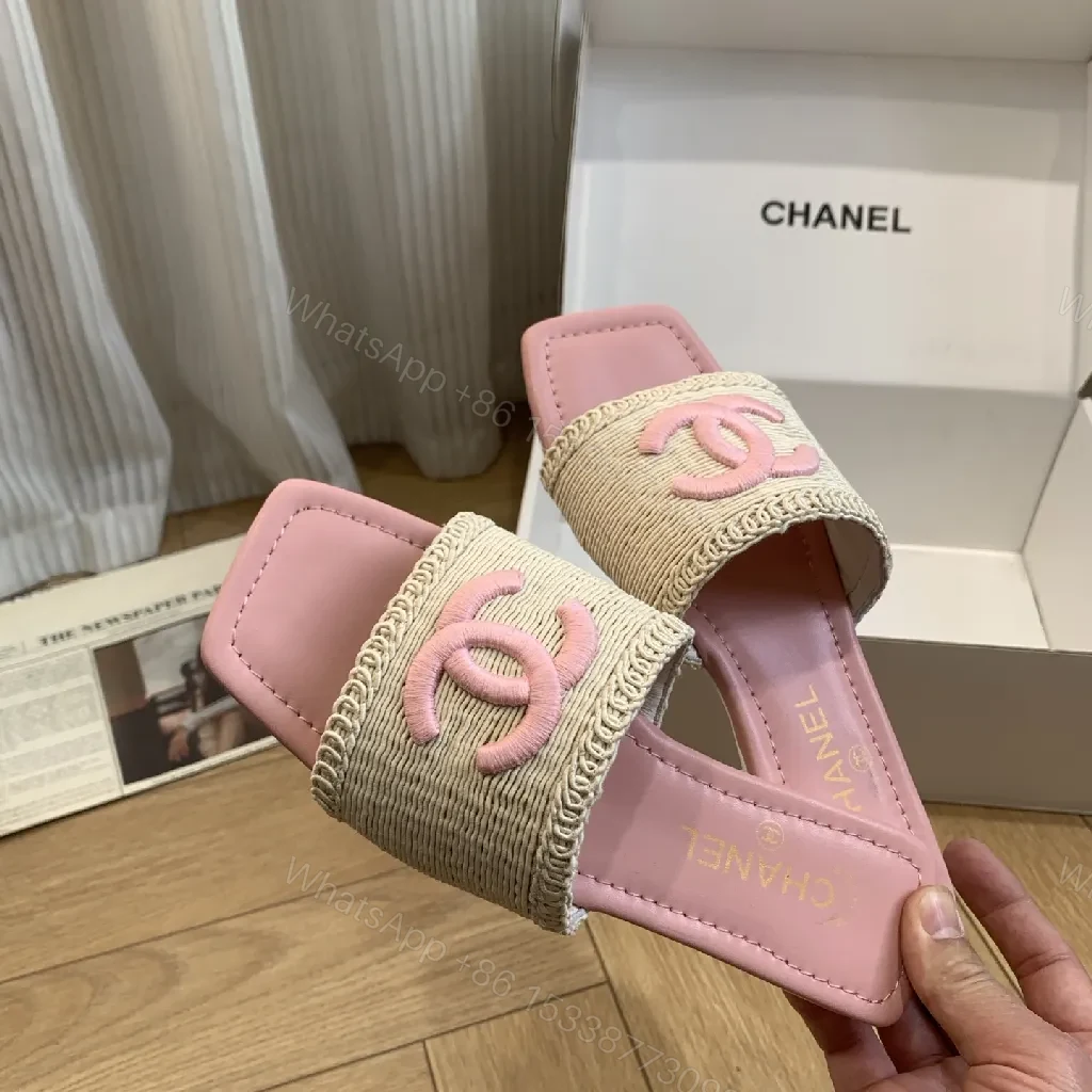 View 4 of Pink Raffia Slide, Interlocking Logo, Luxe Comfort Slides