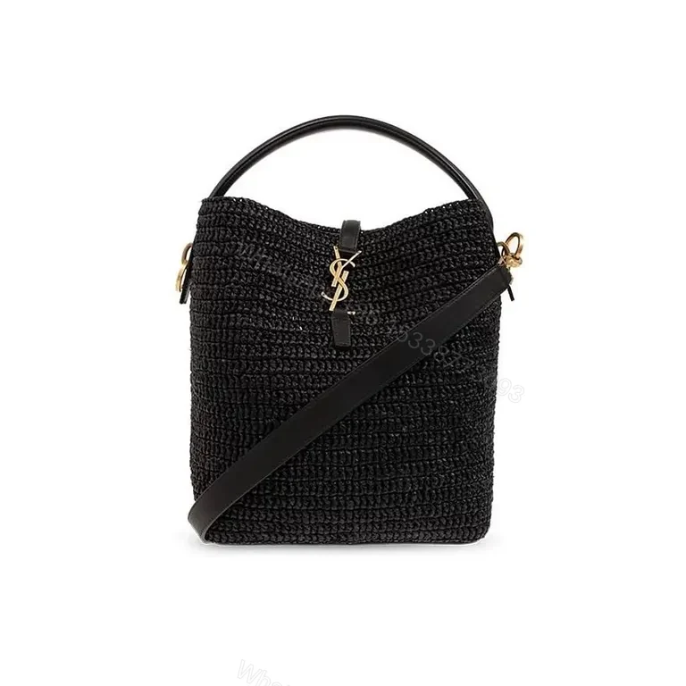 Chic Black Woven Bucket Bag with Gold YSL Accent — view 1