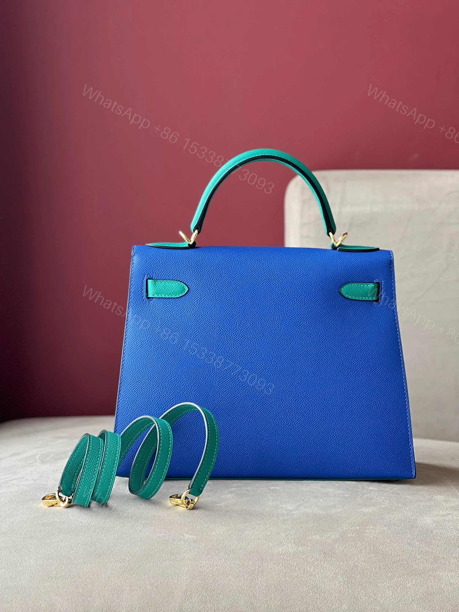 View 2 of Hermes Kelly 28 Epsom Light Blue/ Electric Blue Palladium Hardware