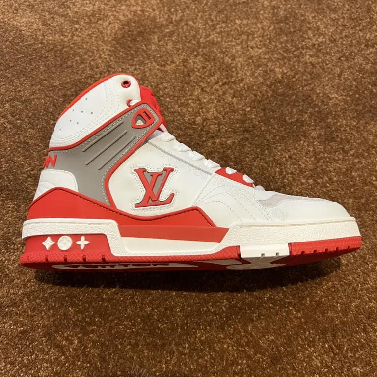 View 8 of Statement LV-Inspired White-Red Leather High-Tops, Designer-Edge Sneakers