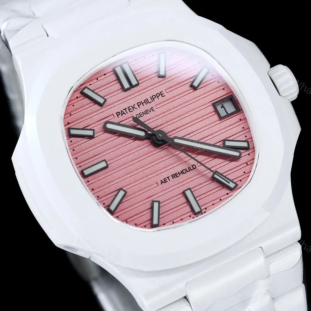View 4 of Patek Philippe Pink Ceramic Nautilus Watch White Bracelet Ultimate 40MM PP-NAU-PNK-CER-WHT40