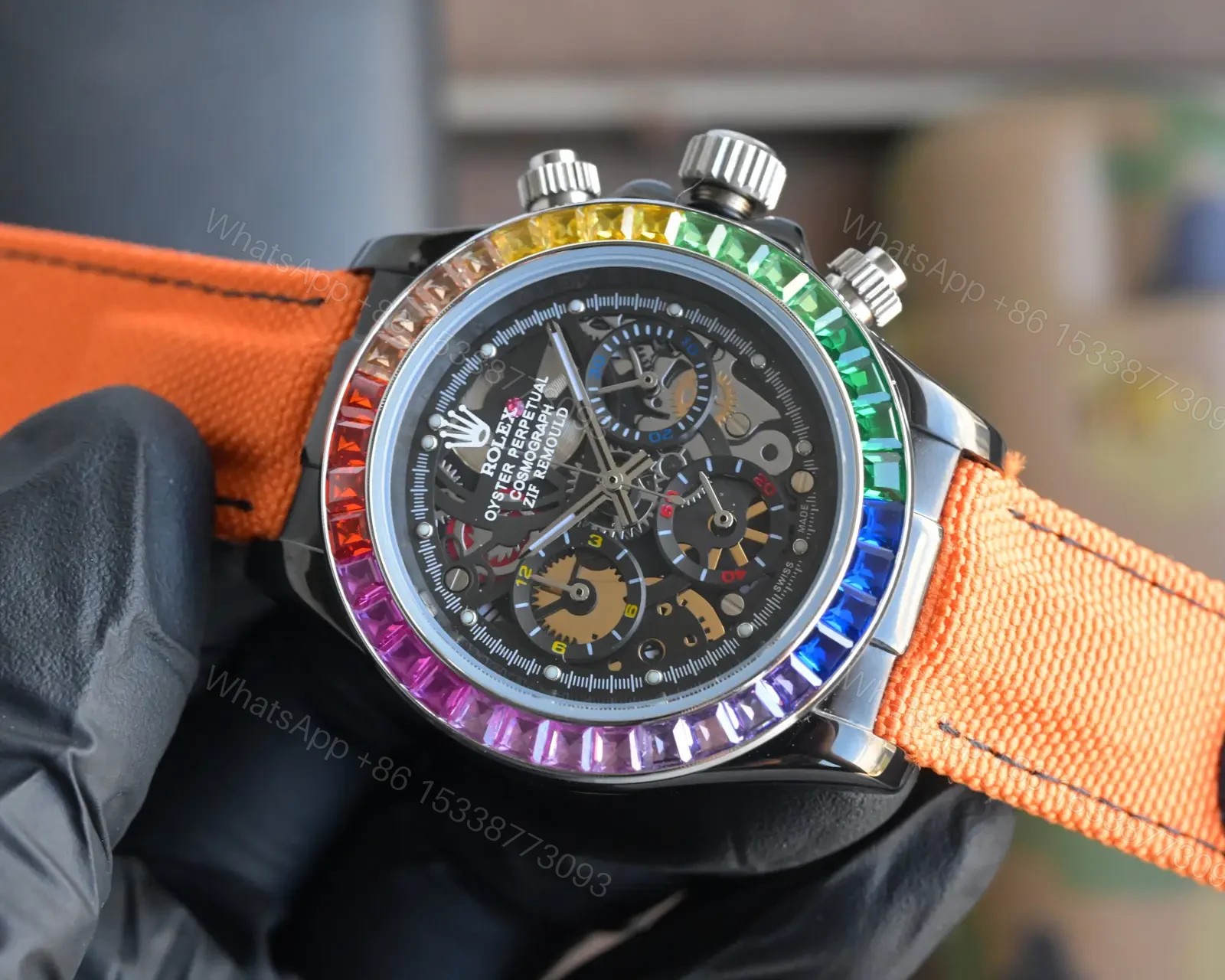 View 4 of Best Rolex Daytona Rainbow Orange Fabric Strap replica 43MM Hollow Dial Edition RG-DAYTONA-RAINBOW-ORANGE-FABRIC-43