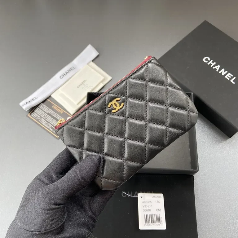 View 7 of Quilted Black Card Holder: Gold Logo, Compact Luxury