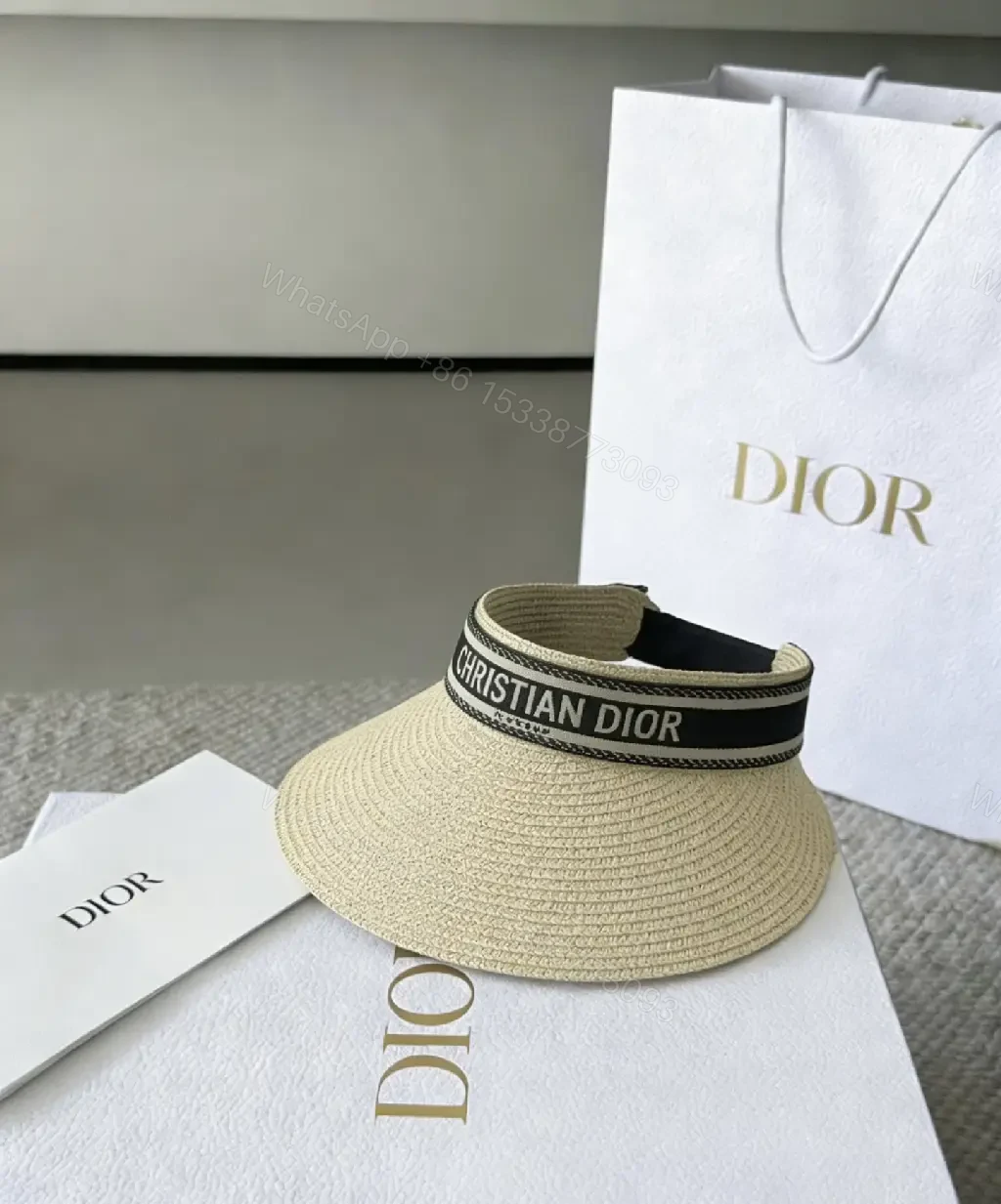 View 12 of Beige Straw Visor Hat Wide Brim Black Logo Band