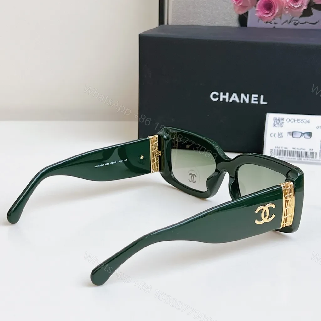 View 7 of Forest Green Acetate Designer-Style Sunglasses with Gold Logo Detailing