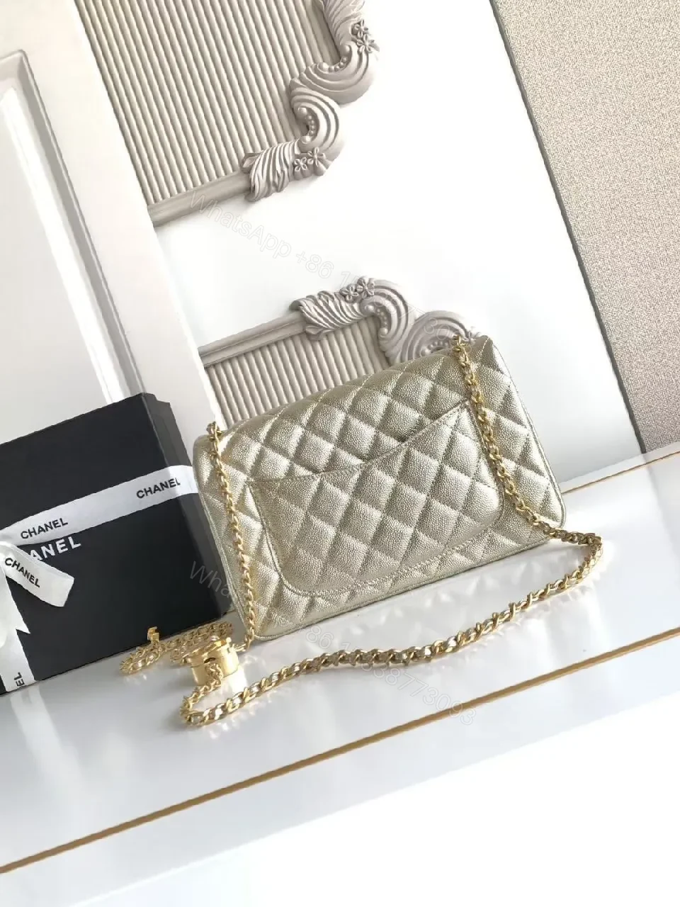 View 7 of Quilted Lambskin Flap Bag with Gold Chain—Elegant Chic