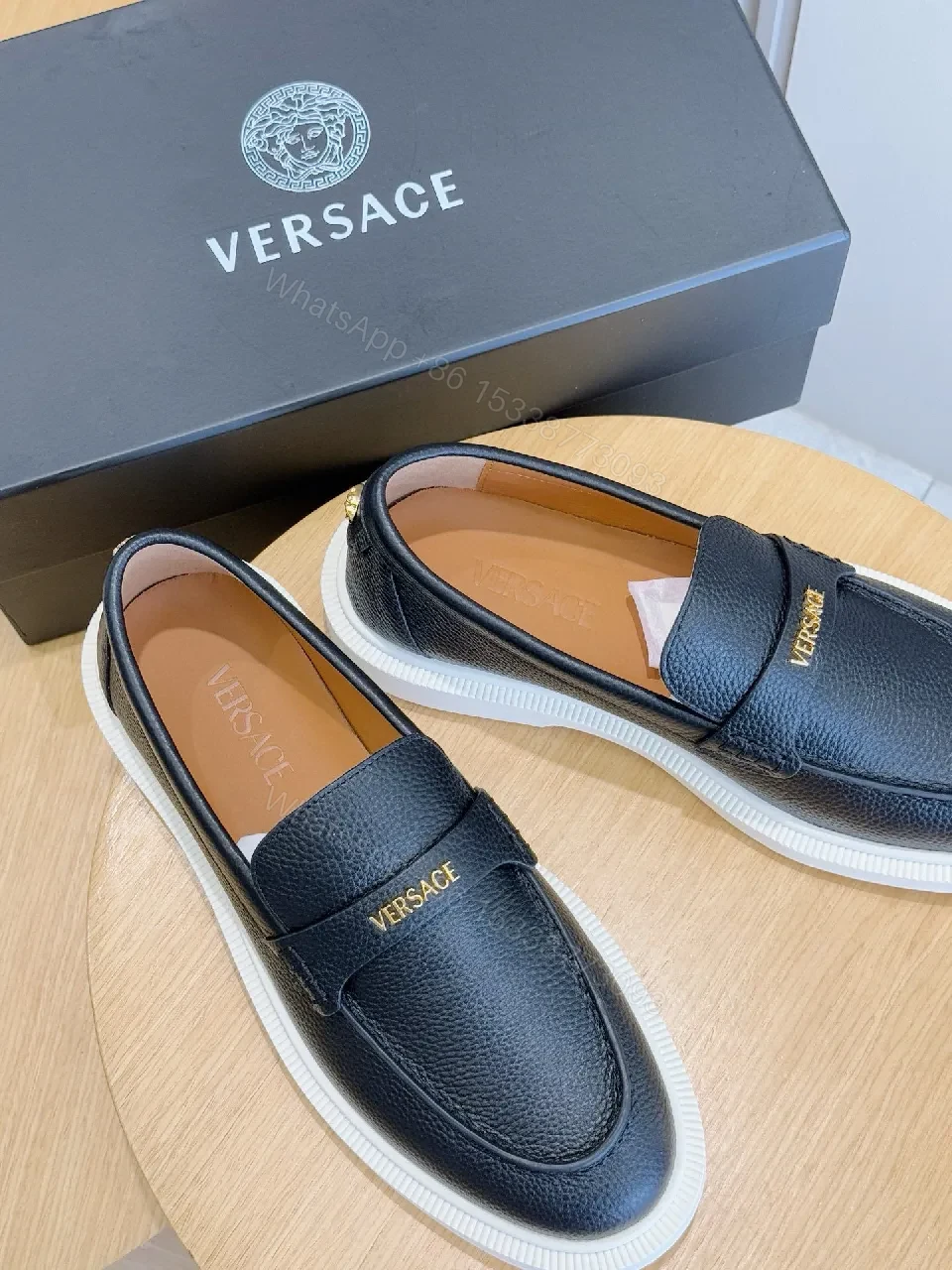View 4 of Navy Leather Penny Loafers with Gold Hardware & White Sole