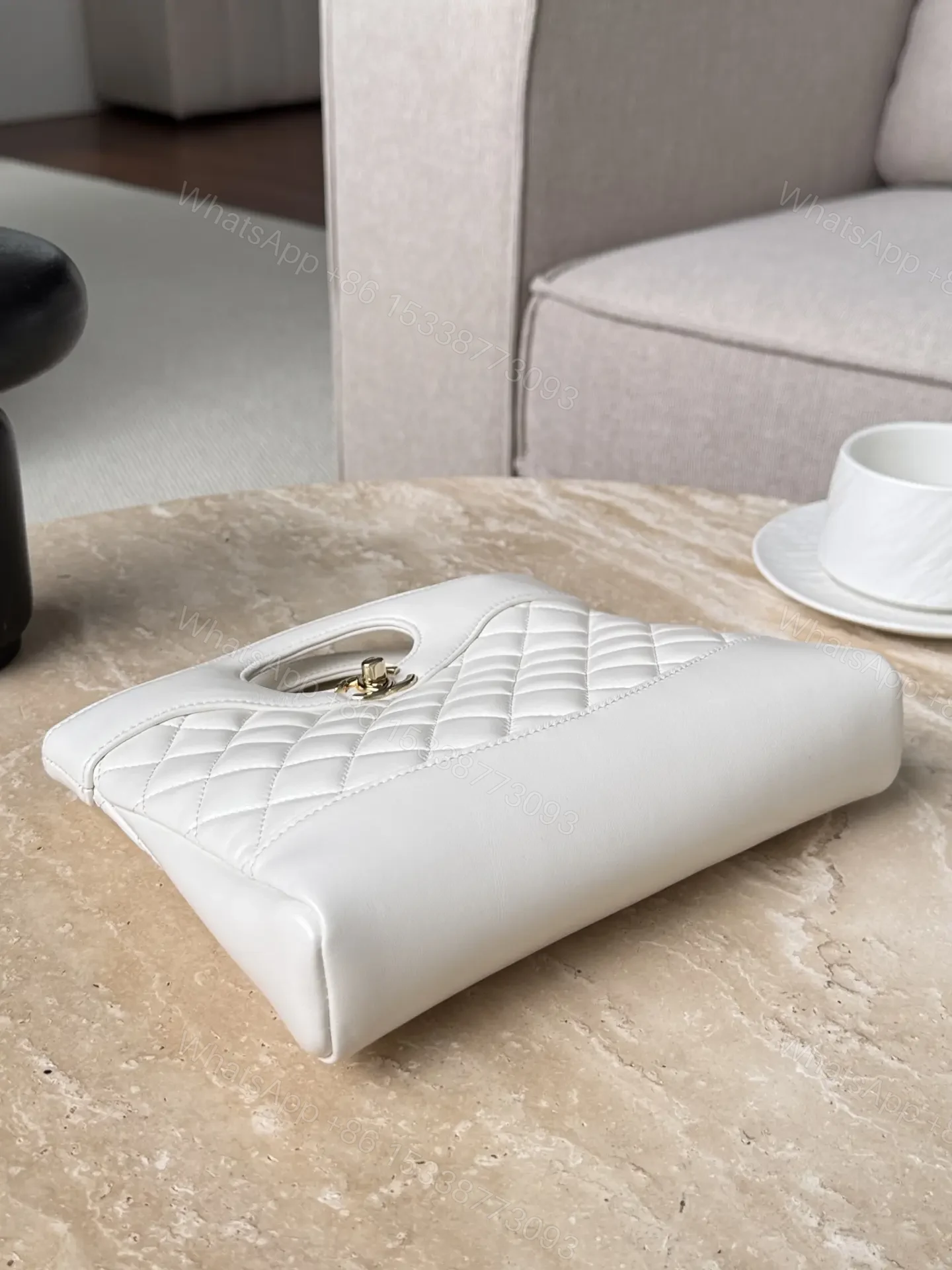 View 6 of Chanel Quilted Lambskin Shopping Bag In white