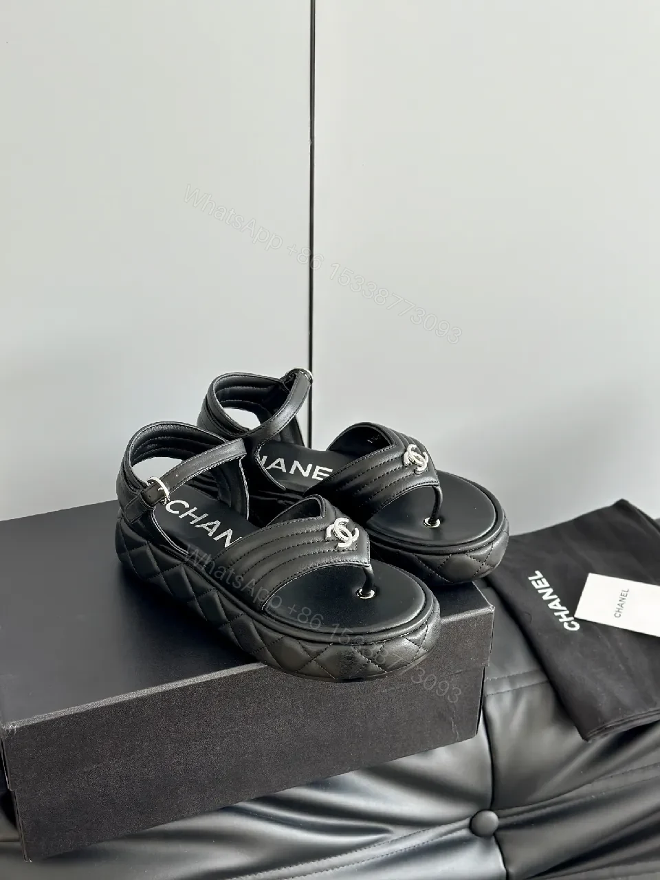 View 5 of Black Leather Quilted Sandals with Interlocking Detail, Platform Style