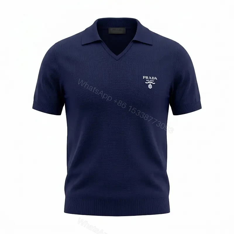 Navy Knit Polo V-Neck Top with Crest Emblem, Short Sleeves — view 1