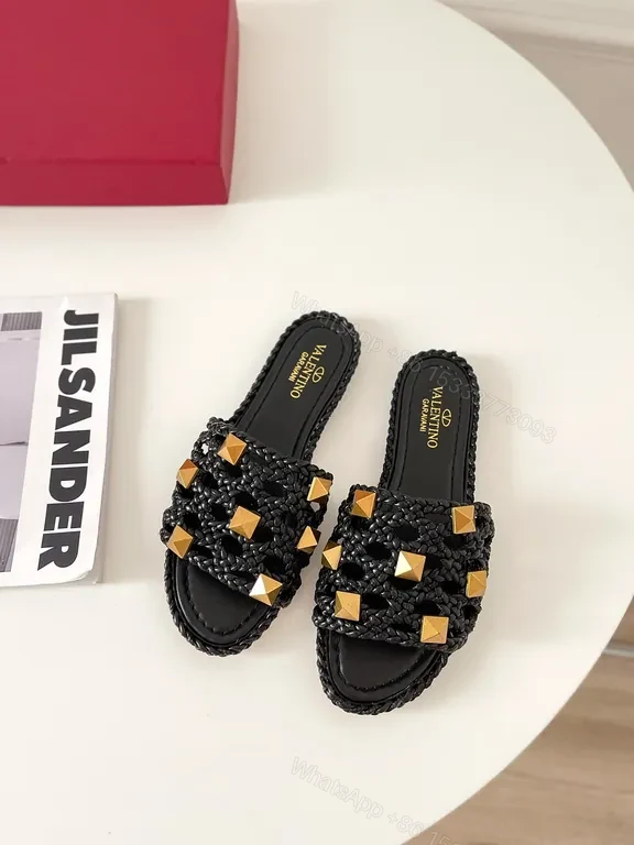 View 2 of Valentino Black Braided Slides with Gold Studs - Luxury Sandal