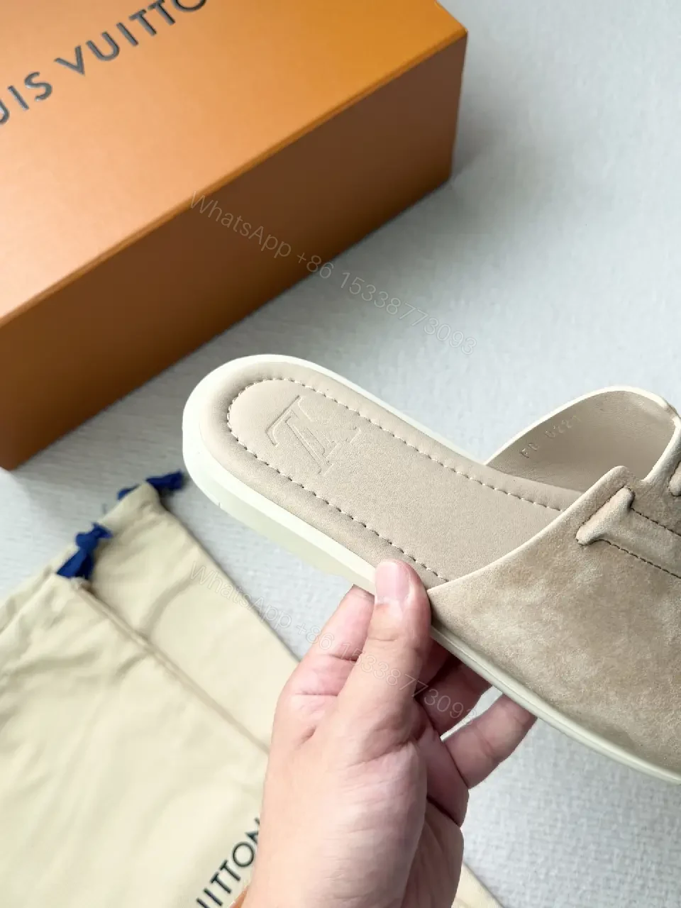 View 6 of Soft-Tone LV-Inspired Suede Slip-On Sandal with Cushioned Footbed