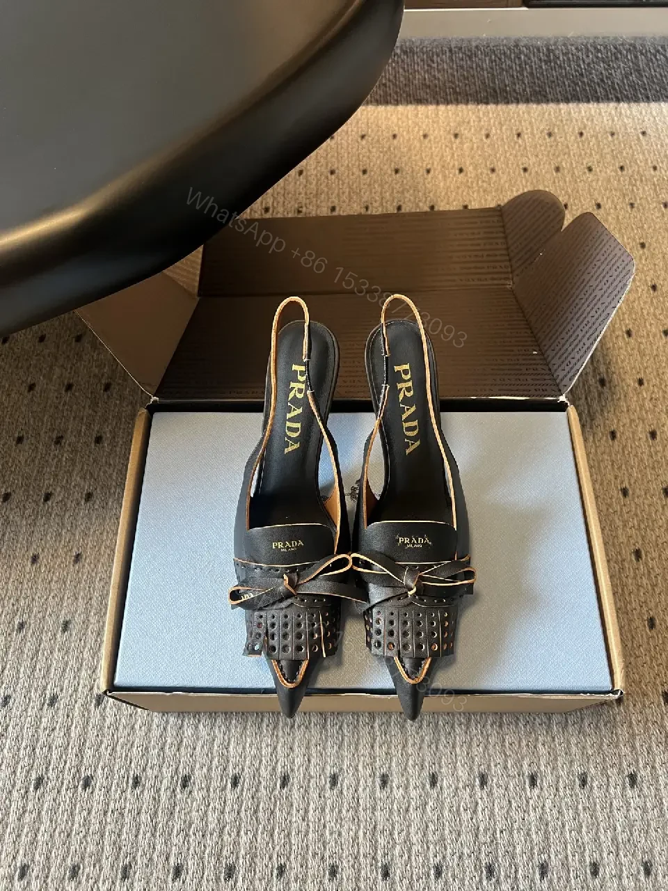 View 10 of Black Leather Prada Slingback Heels with Studded Front, Pointed Toe