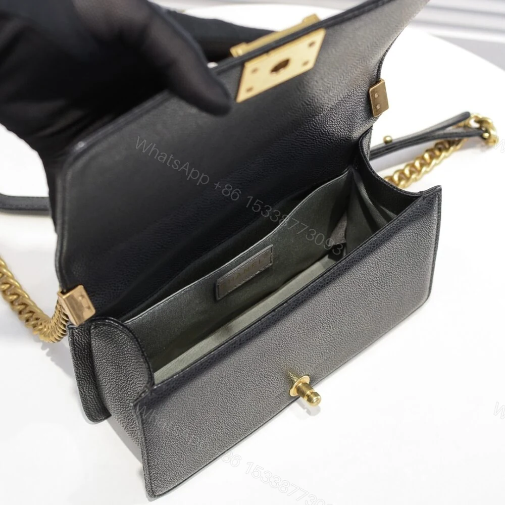View 7 of Chanel Boy Medium Handbag Grained And Gold Tone Metal Black 25Cm