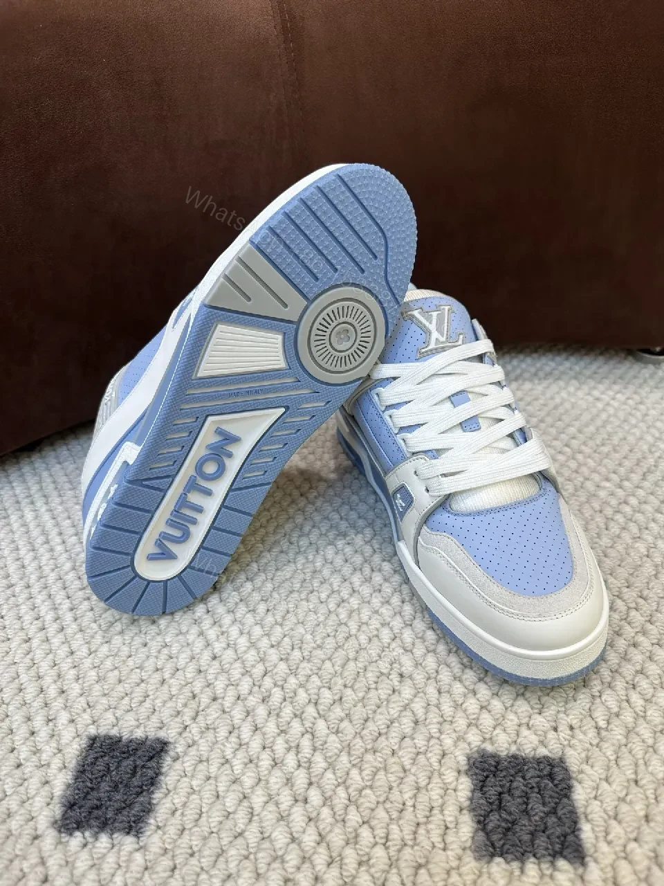 View 6 of Light-Blue Perforated Panels Modern Low-Top Sneakers with LV-Inspired Accents