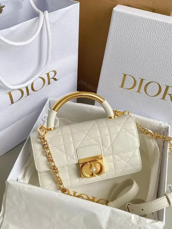 Ivory Quilted Leather Handbag with Gold Hardware, Dior-inspired Elegant Compact Bag — view 1