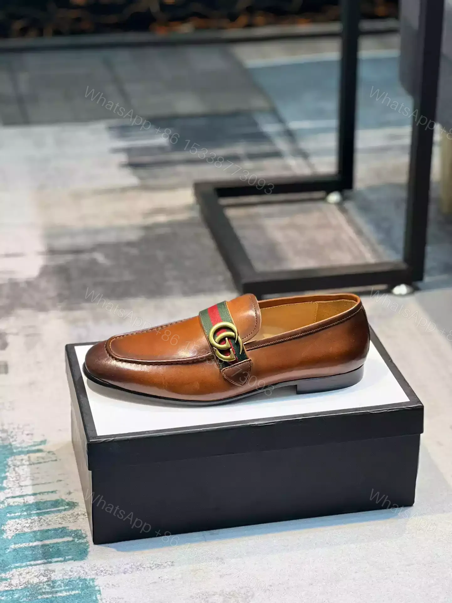 View 3 of GUCCI LEATHER LOAFER WITH DOUBLE G AND WEB IN BROWN – LDG26