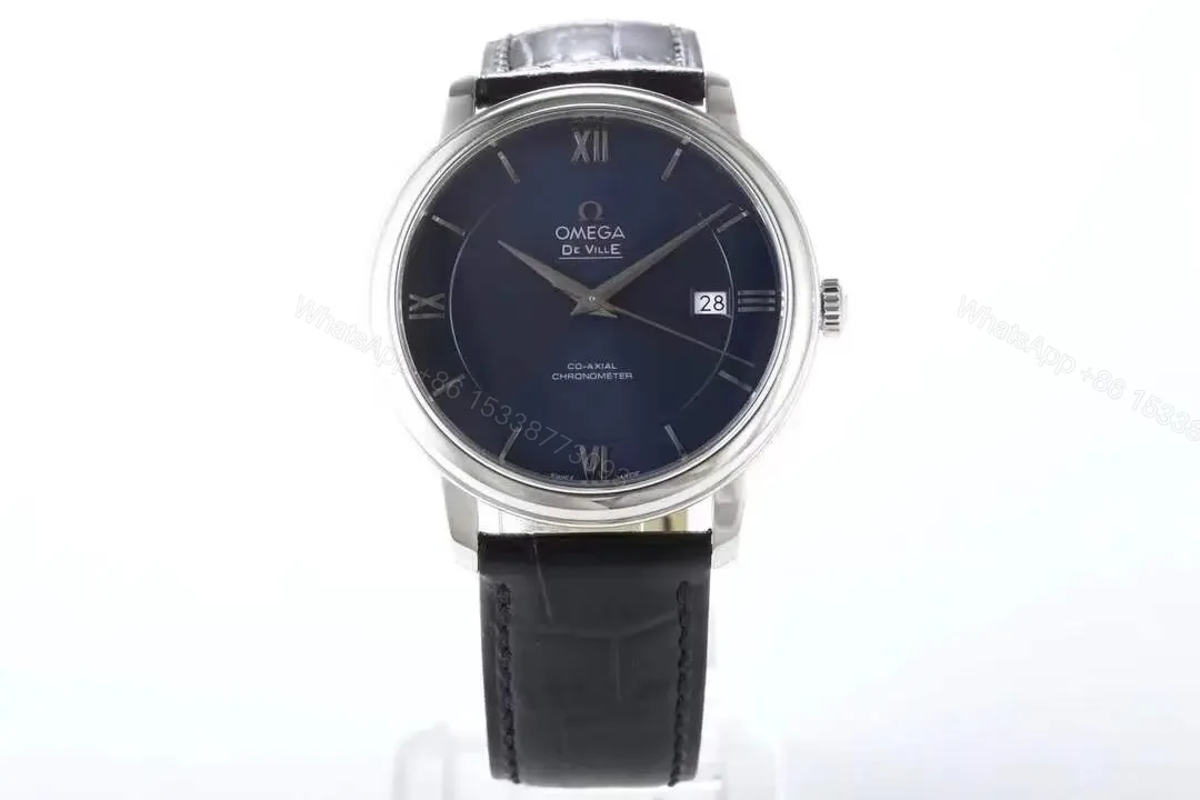 Omega De Ville Prestige Replica Watch Blue Dial Silver Case Black Leather Strap — view 1
