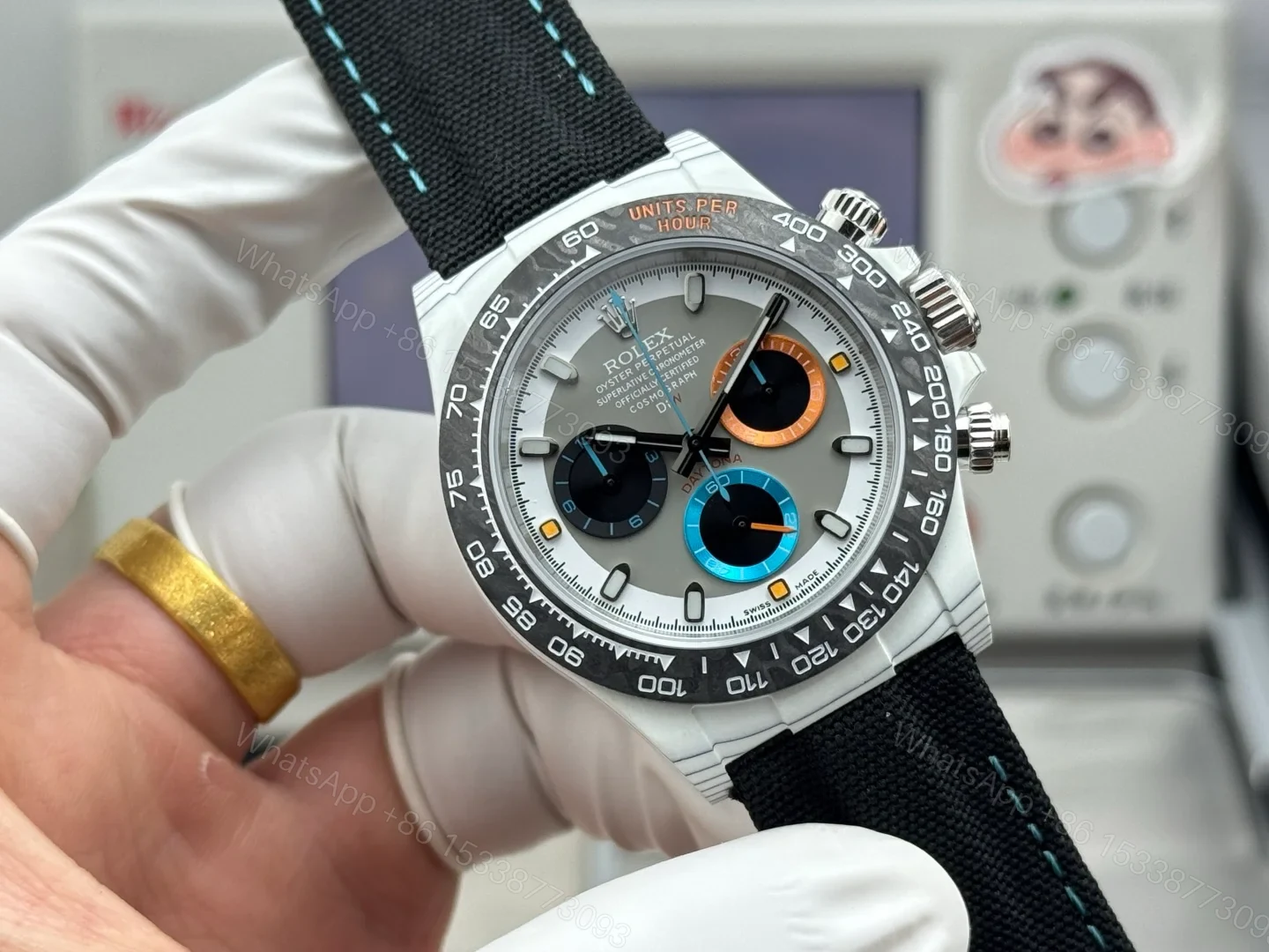 View 2 of Rolex Daytona Grey Carbon Fiber Replica 40MM Premium Black Fabric Strap RG-DAYTONA-GREY-CF-40