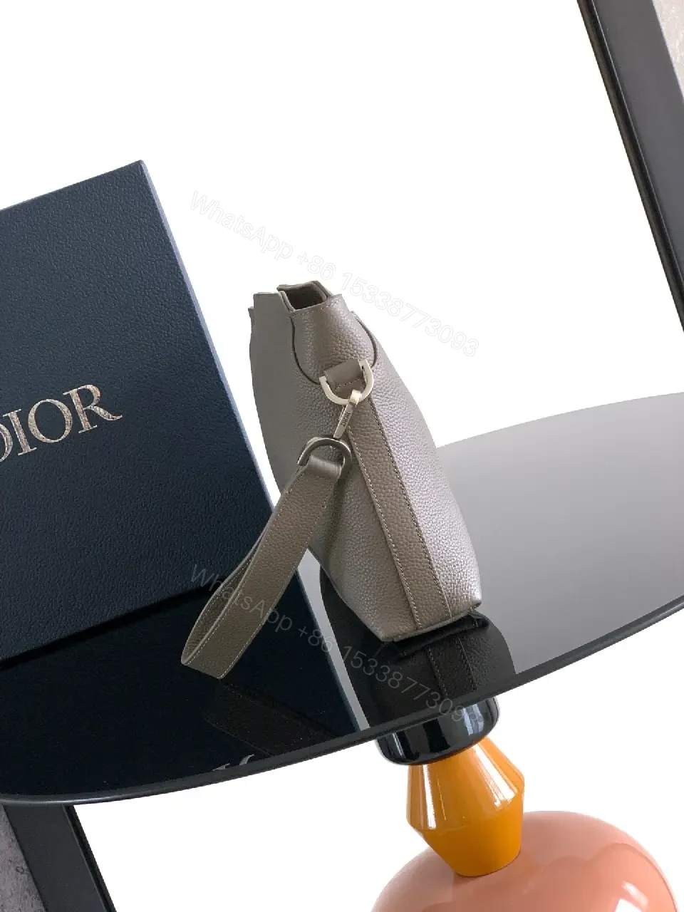 View 3 of Grey Leather Matte Dior Clutch with Top Handle and Wrist Strap