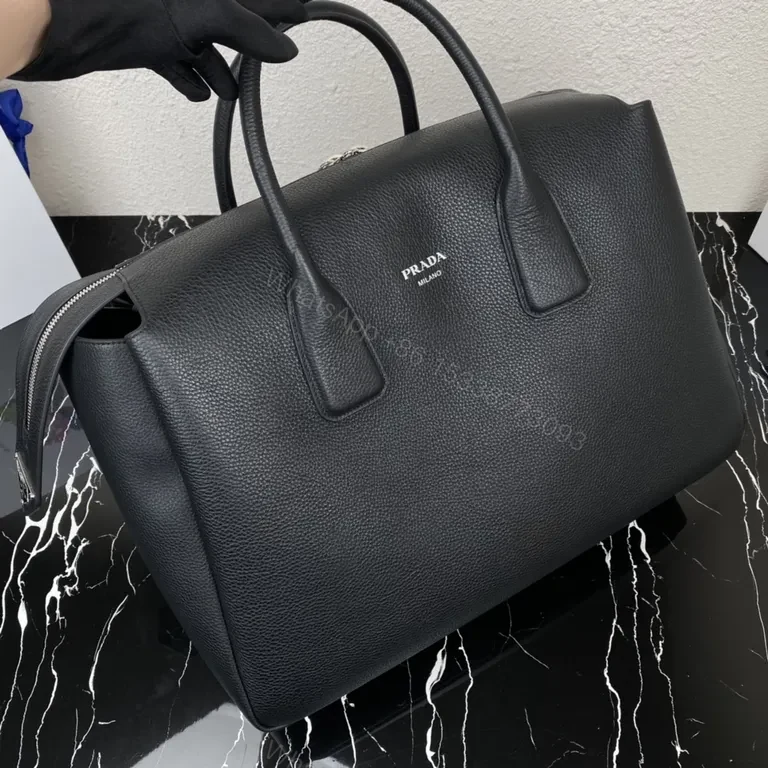 View 3 of Structured Black Pebbled Leather Carryall: Prada-inspired Luxury Tote