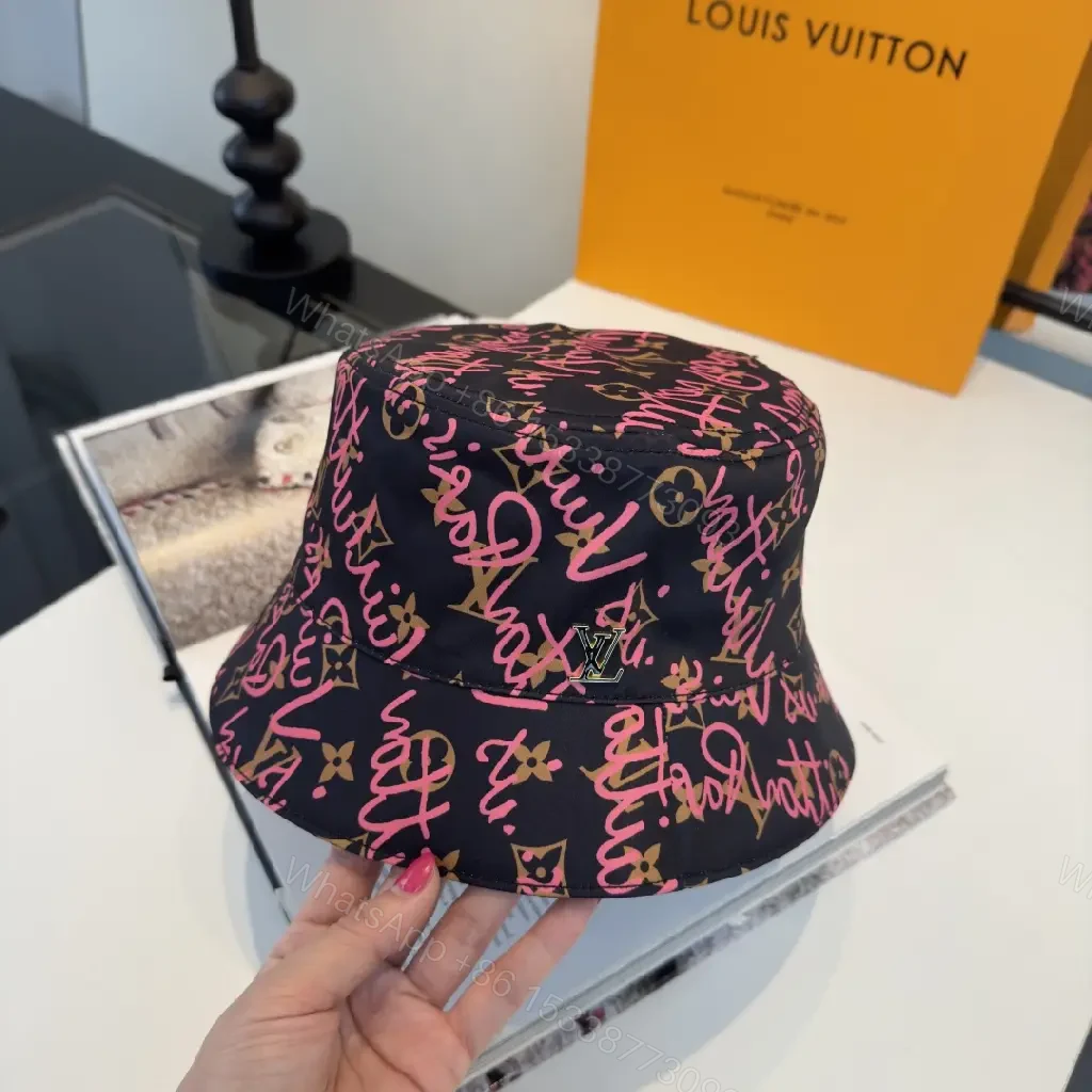 View 4 of Black Canvas Hat with Pink Graffiti Script LV Logos