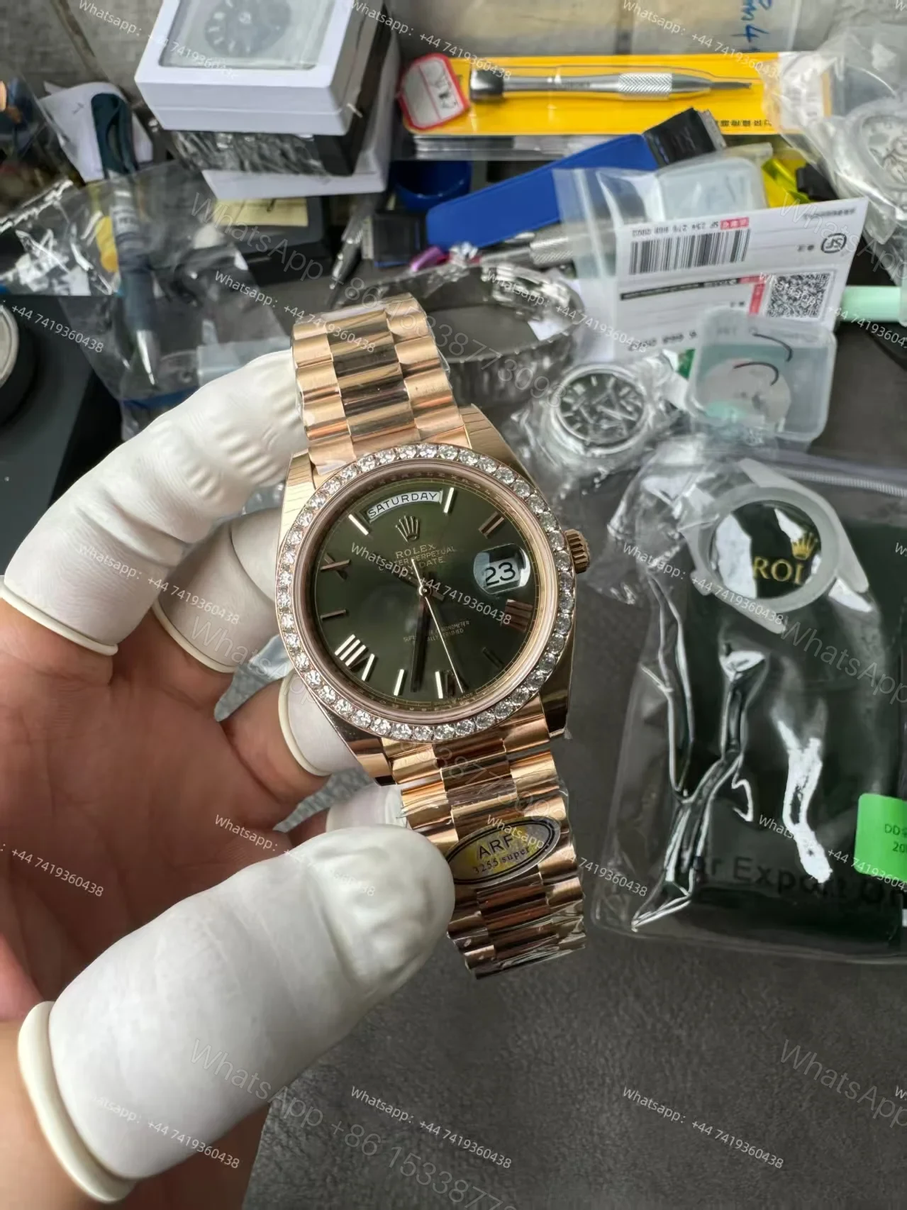 View 11 of Rolex Day-Date M228345RBR-0011 1:1 Replica Olive Green Dial Moissanite Bezel 40MM 3255 Movement Presidential Bracelet Super Clone Watch