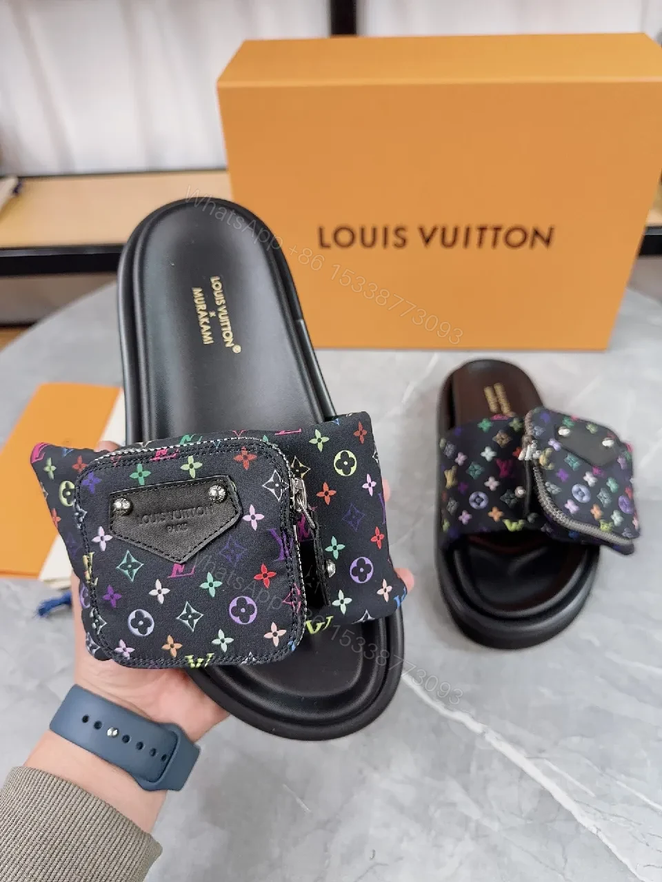 View 9 of Multicolor LV-Inspired Slide Sandals with Cushioned Footbed