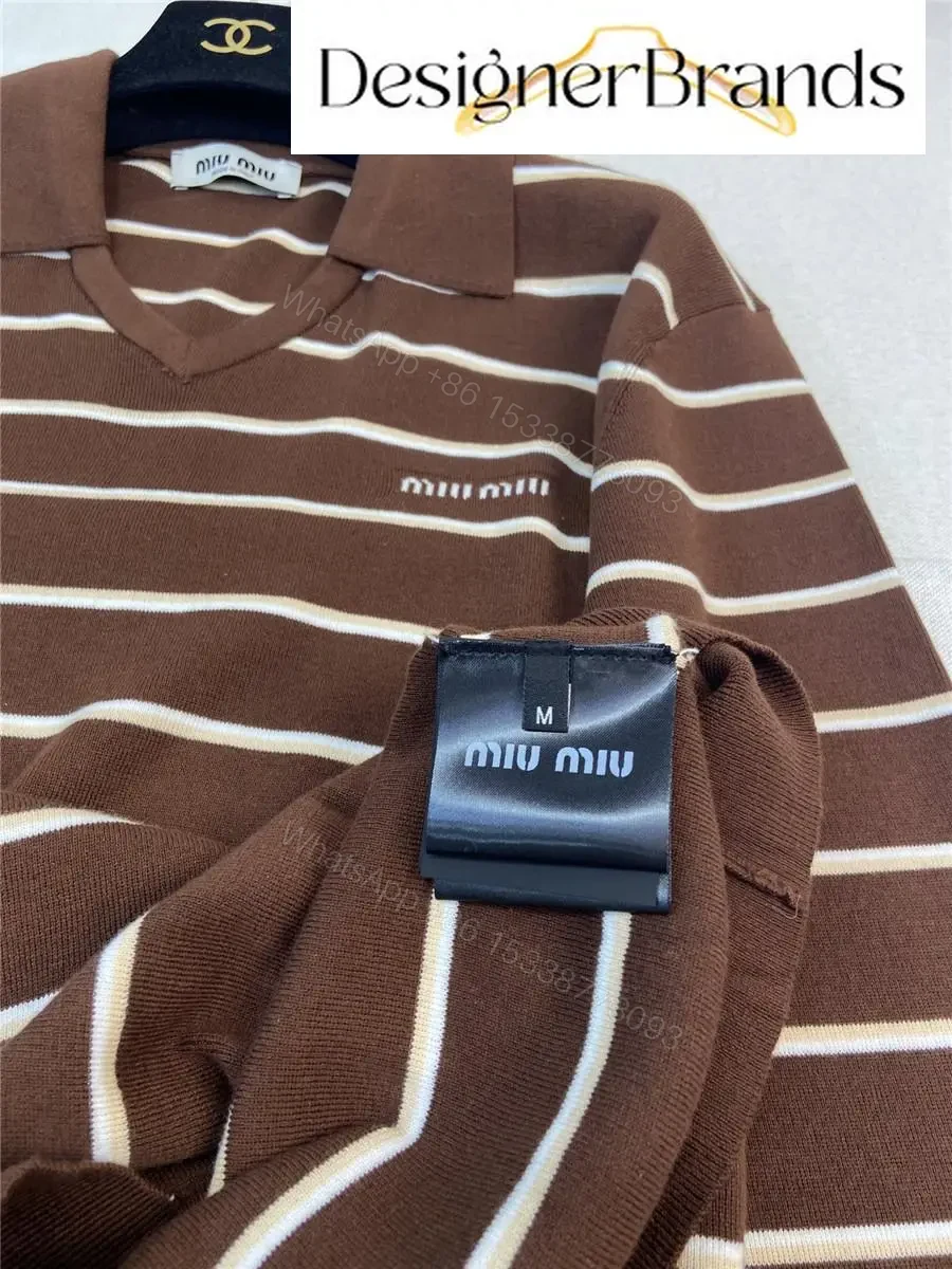 View 9 of Warm-Brown Ivory Striped Polo Knit: Lightweight, Structured Comfort