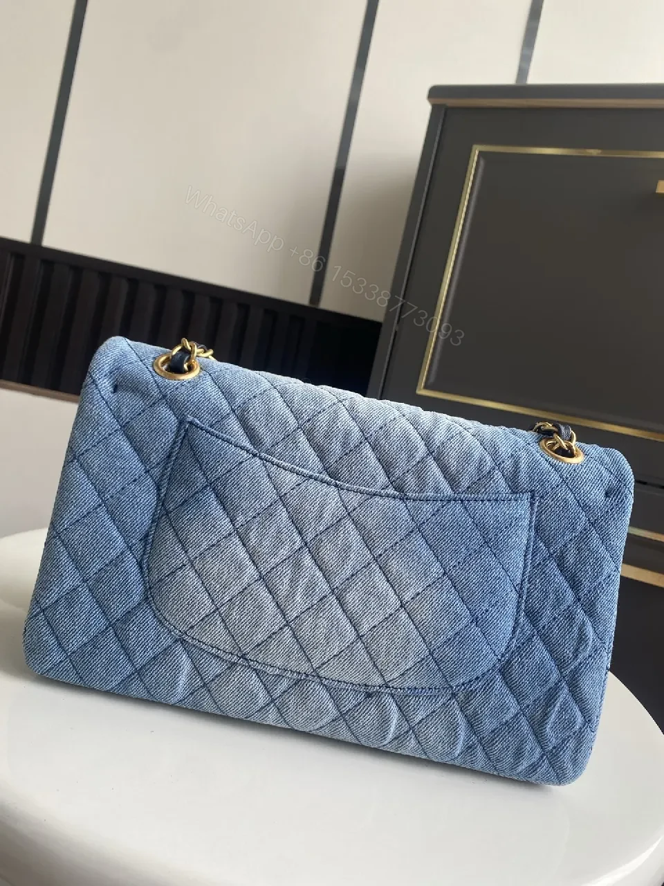 View 8 of Denim Quilted Bag — Gold Chain Flap, Everyday Luxury