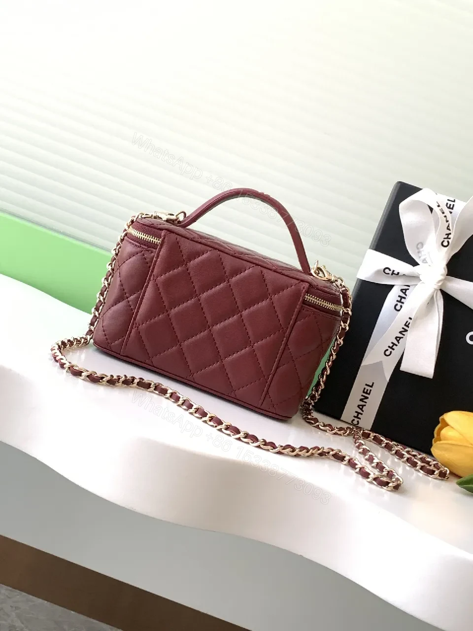 View 3 of Quilted Satchel Gold-Tone Logo Compact Crossbody Bag