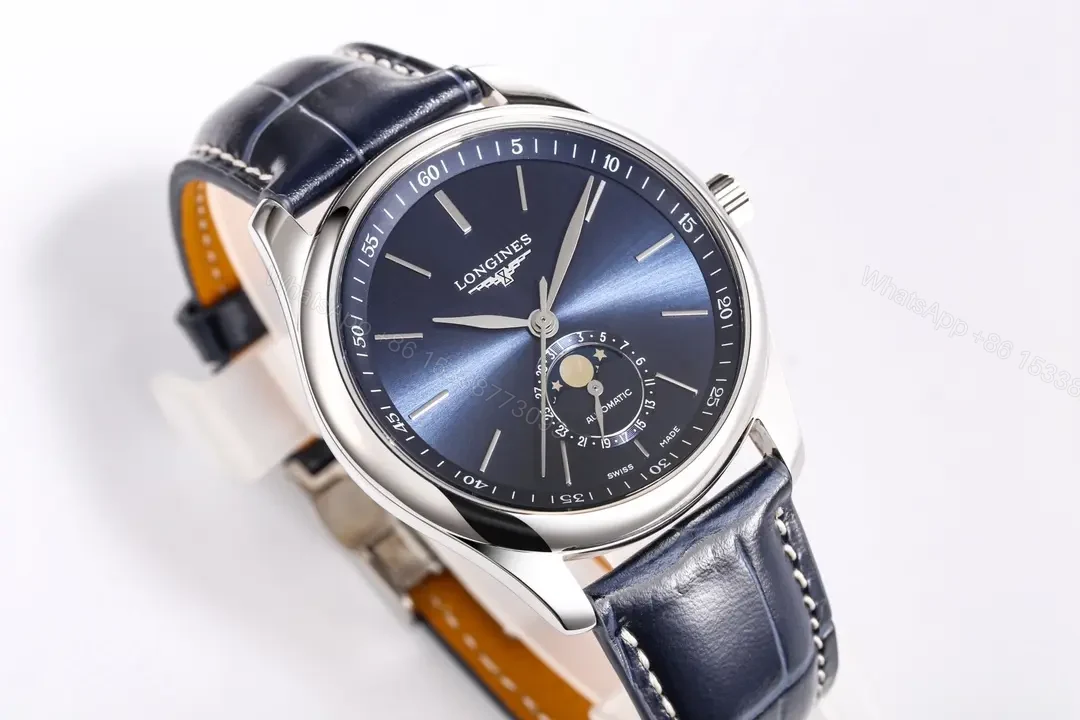 View 5 of Longines Master Collection Moonphase 40mm Watch Blue Dial Leather Strap
