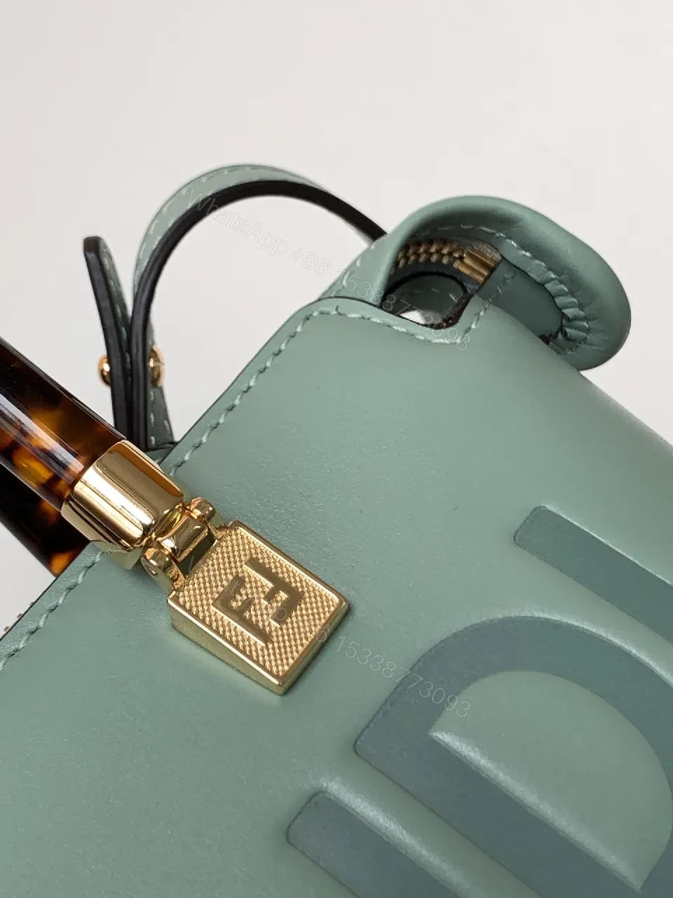 View 4 of Mint Leather Handbag | Fendi-Inspired Roma Style with Gold Hardware