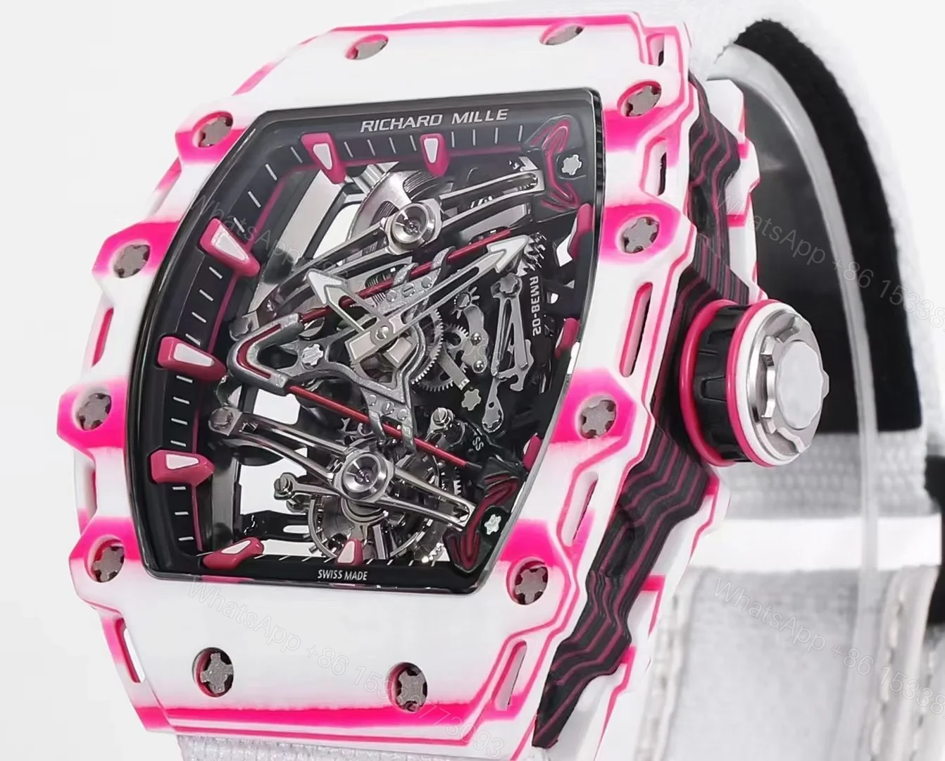 View 5 of Richard Mille RM38-02 Tourbillon Bubba Watson Watch White Strap Pink Quartz Carbon Fiber Skeleton Dial Golf Inspired Manual Winding Movement RM38-02-BW-WSP-PINK