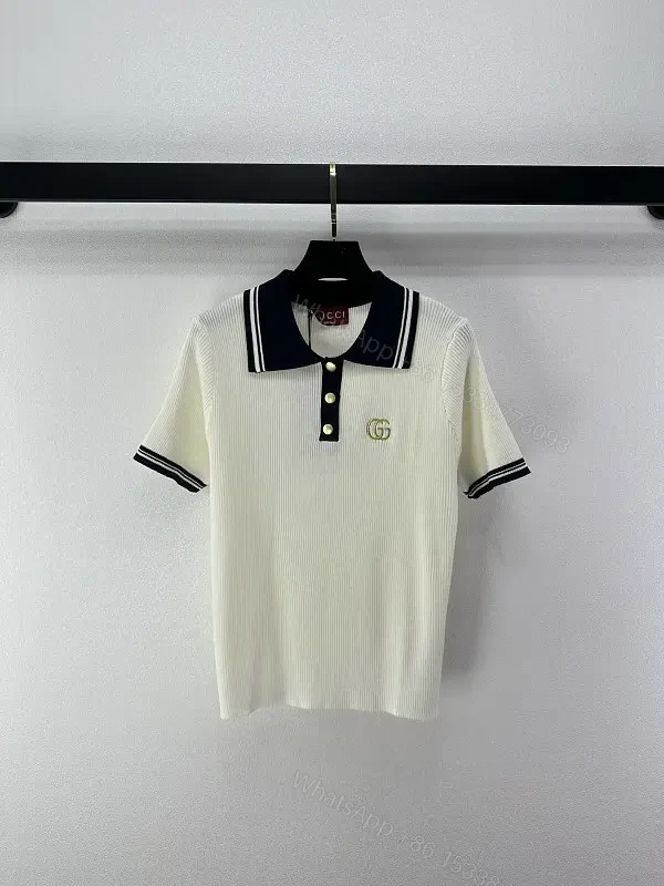 Cream/Navy Ribbed Polo Shirt with Gold Accents — view 1