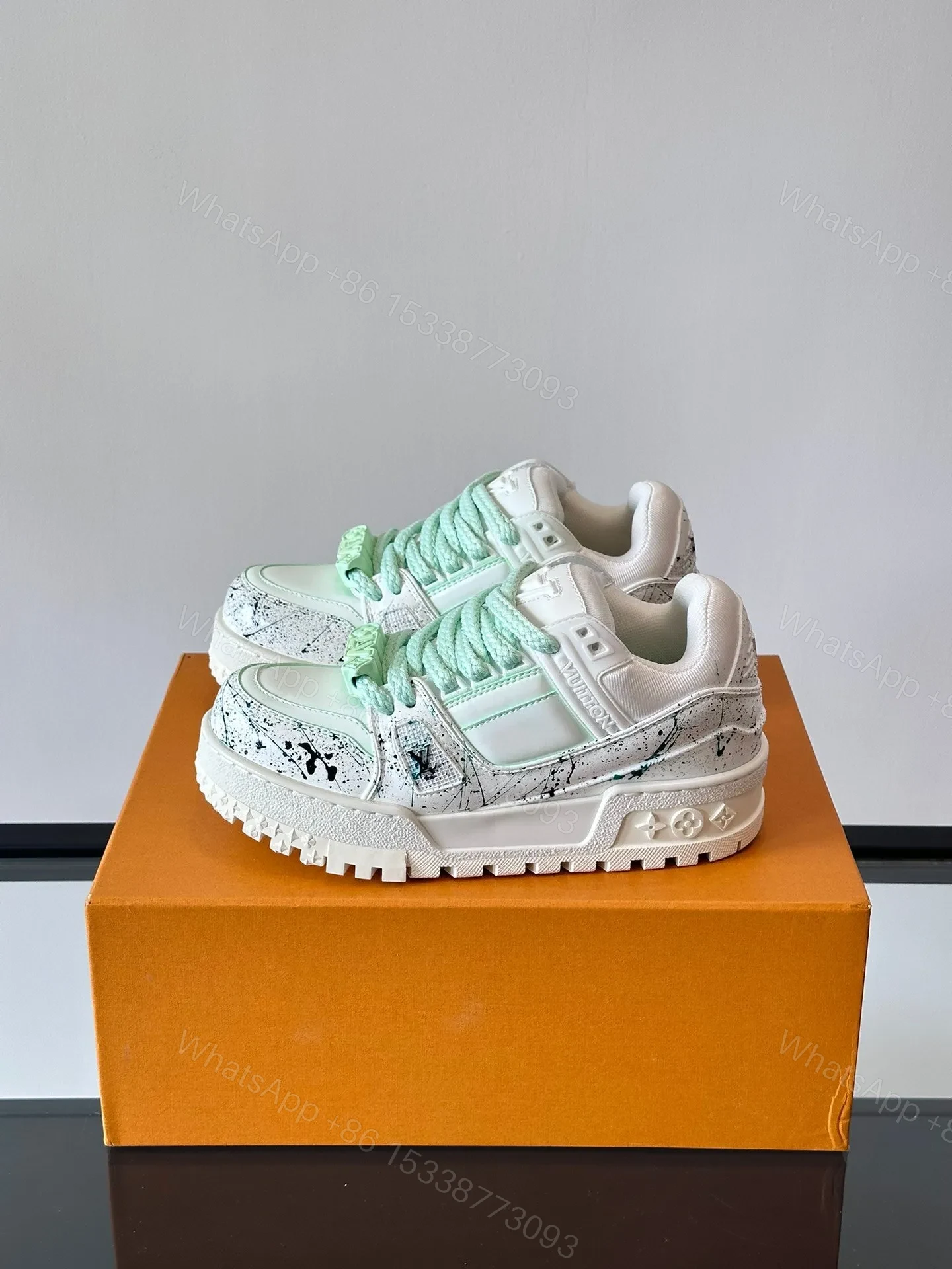 View 3 of LV Men White Leather Paint Splatter Sneakers