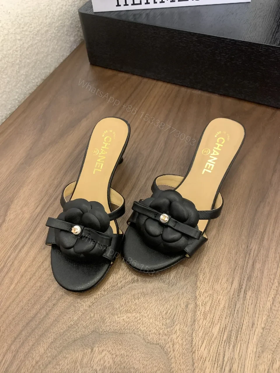View 7 of Black Satin Slide with Floral Appliqué, Luxe Casual Slide