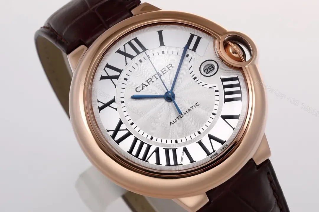 View 3 of V9 Factory Cartier Ballon Bleu 42mm Rose Gold Automatic Watch with Brown Alligator Strap