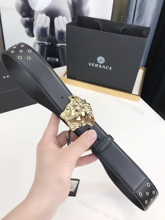 View 3 of Black Leather Belt with Gold Medusa Buckle - Versace Luxury Accessory