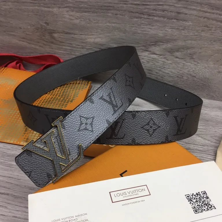 View 2 of Gray Leather Belt with Gold LV-Inspired Buckle